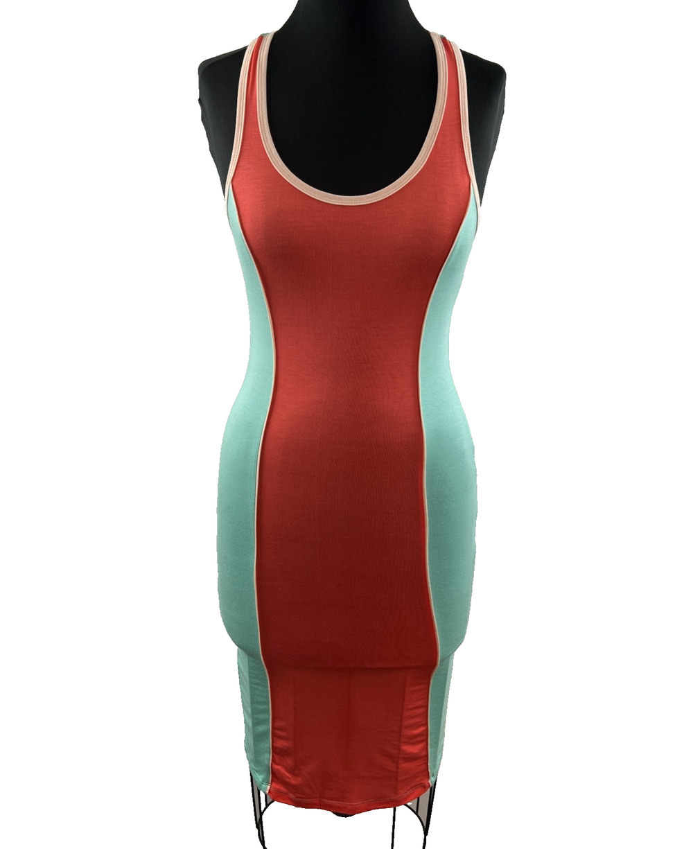 GO COUTURE Vintage Teal Green Orange White Colorblocking Fitted Dress S Small XS